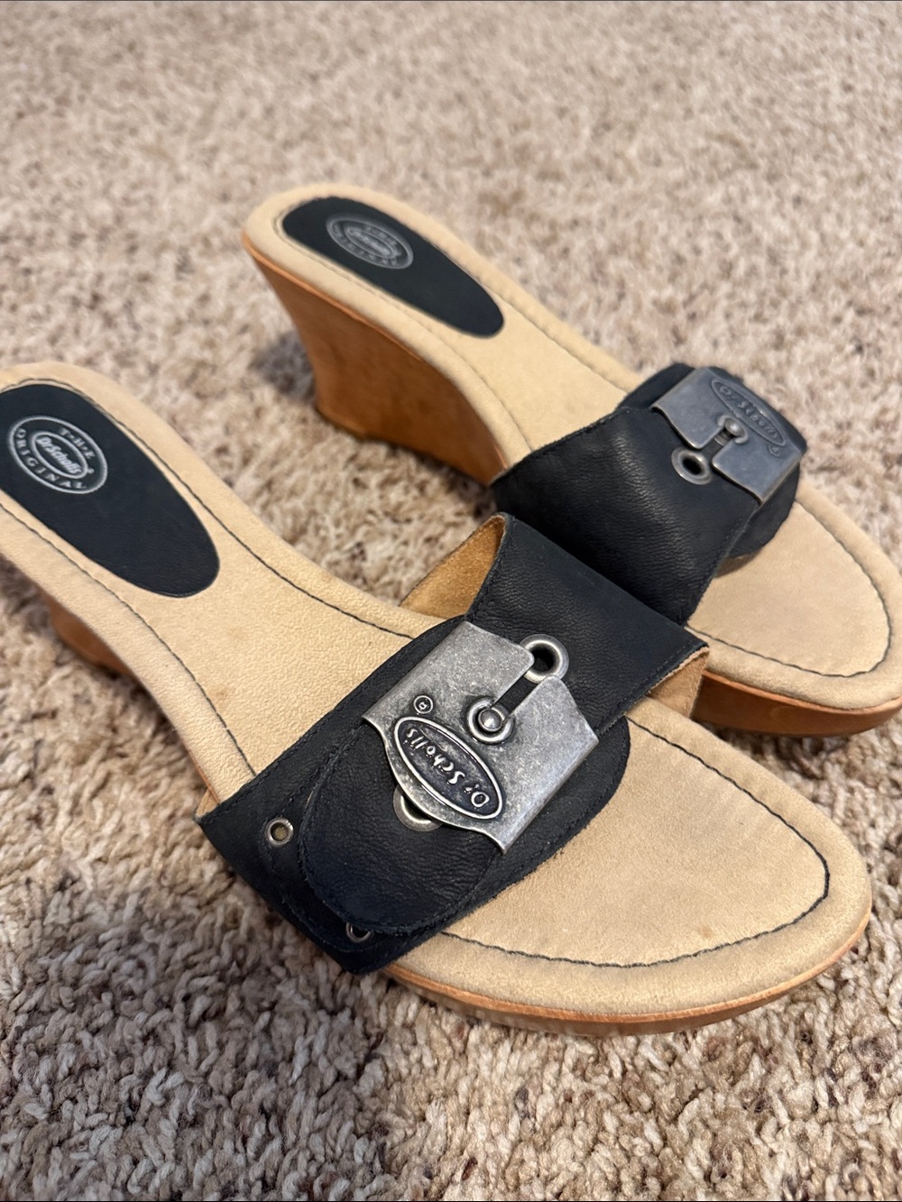 Black Leather Wedge Slide Sandals with Silver Accent DR SCHOLLS